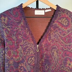 Koret Zip Front Tapestry Knit Jacket Purple Red Paisley Textured Vintage Chic